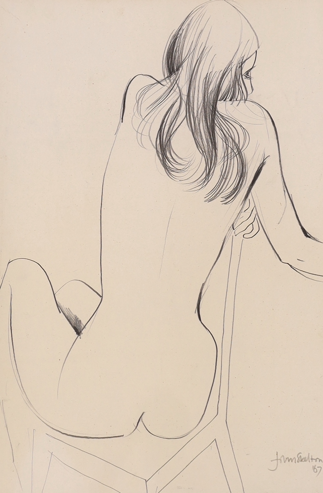 John Skelton, (British, 1923-1999), pencil sketch, Nude on a chair, signed and dated '67, 47 x 32cm (Note: John Skelton was a sculptor and letter cutter, he lived and worked in Streat near Plumpton)